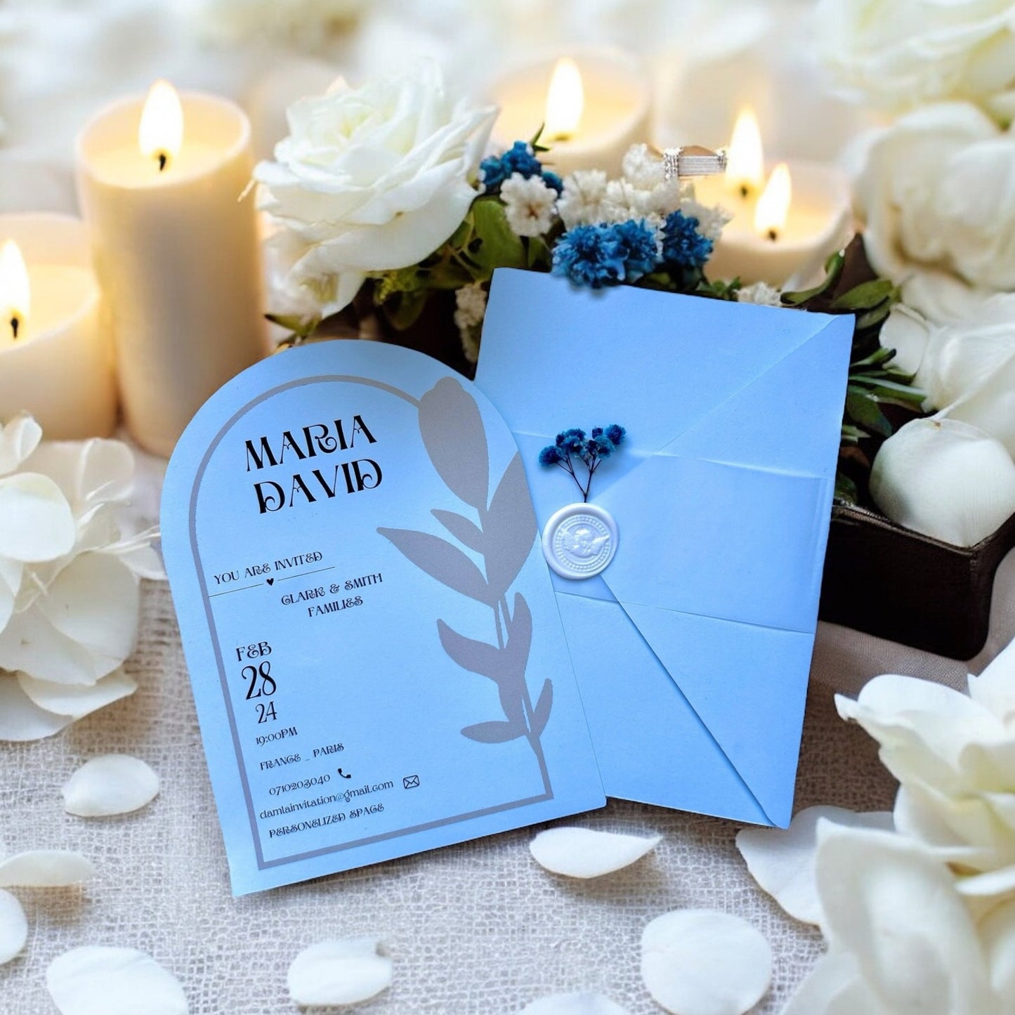 Faire - part de mariage bleu avec cachet et fleurs, enveloppe au design personnalisé - FUDA Invitation