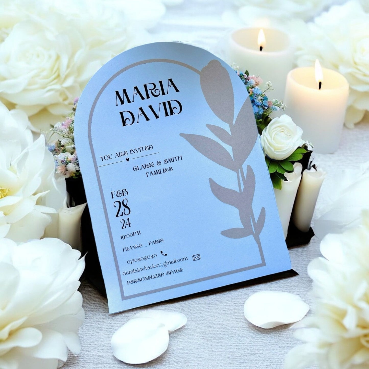 Faire - part de mariage bleu avec cachet et fleurs, enveloppe au design personnalisé - FUDA Invitation