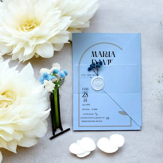 Faire - part de mariage bleu avec cachet et fleurs, enveloppe au design personnalisé - FUDA Invitation