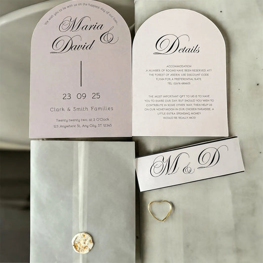 Faire - part de mariage minimaliste et moderne. Carte d'invitation + carte détaillée + enveloppe + sceau doré - FUDA Invitation