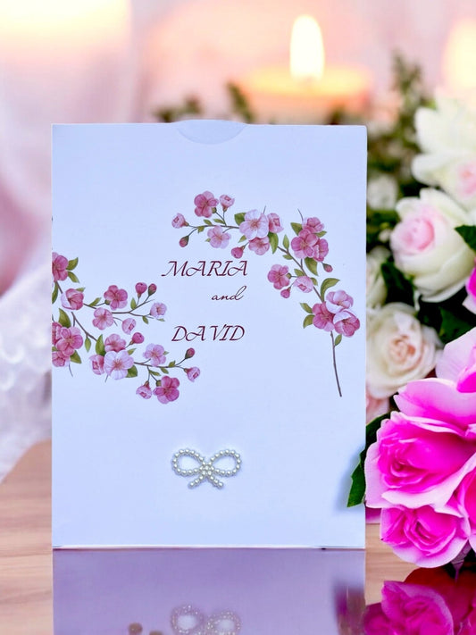 Invitation de mariage aux fleurs roses, élégante et personnalisable, avec nœud perlé. - FUDA Invitation