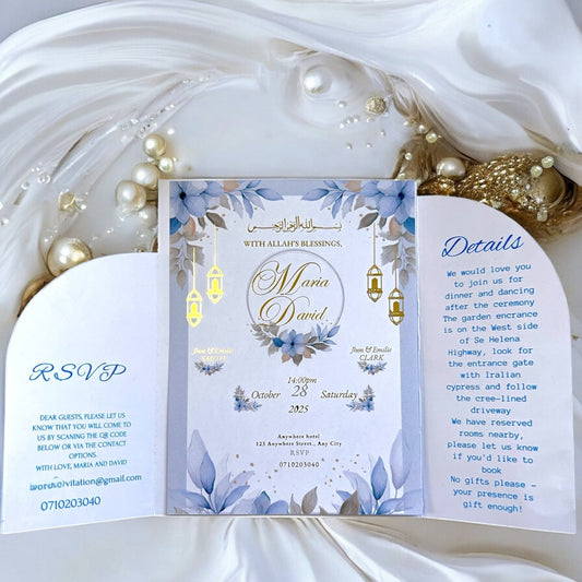 Invitation de mariage islamique en feuille d'or, design spécial avec sceau, fleurs décoratives et enveloppe florale. Personnalisez chaque détail pour une cérémonie élégante - FUDA Invitation