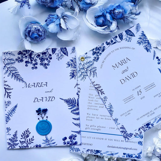 Faire - part de mariage en céramique bleue. Invitation + carte détaillée + enveloppe +sceau+fleur - FUDA Invitation