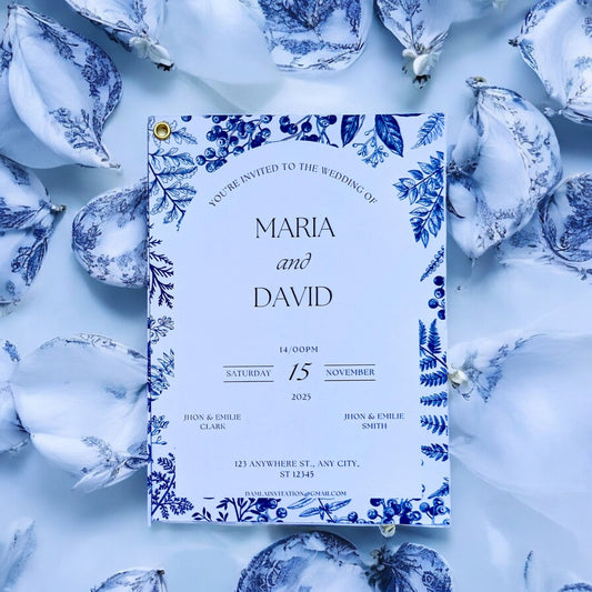 Faire - part de mariage en céramique bleue. Invitation + carte détaillée + enveloppe +sceau+fleur - FUDA Invitation