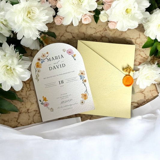 Invitation de mariage design personnalisé avec une enveloppe ornée d’un sceau et de fleurs - FUDA Invitation