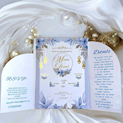 Invitation de mariage islamique en feuille d'or, design spécial avec sceau, fleurs décoratives et enveloppe florale. Personnalisez chaque détail pour une cérémonie élégante - FUDA Invitation