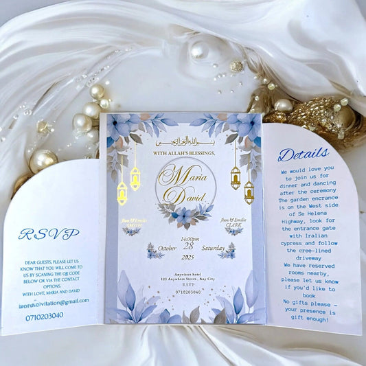 Invitation de mariage islamique en feuille d'or, design spécial avec sceau, fleurs décoratives et enveloppe florale. Personnalisez chaque détail pour une cérémonie élégante - FUDA Invitation